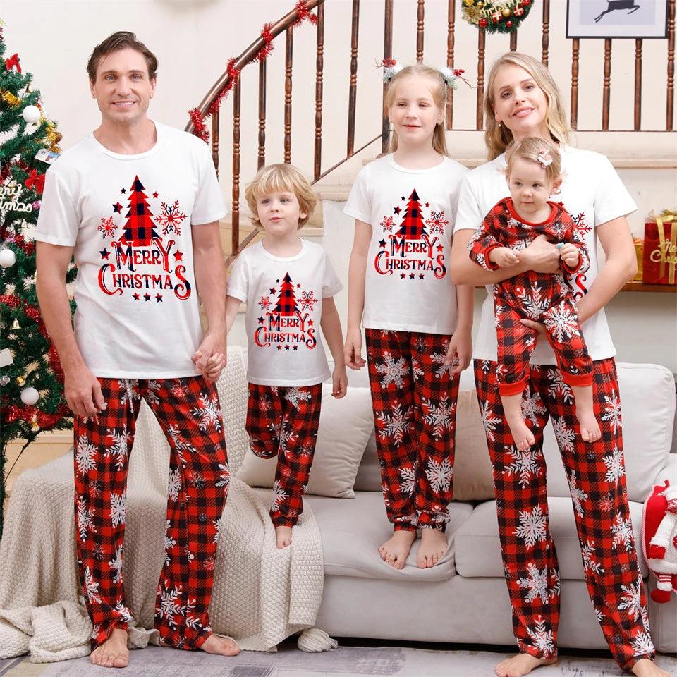 T-shirt + Plaid Pants Parent Child Christmas Pajama Set Women Men Boy Girl Loungewear Sibling Couple Pajama Xmas Baby Jumpsuit - NTKSTORE