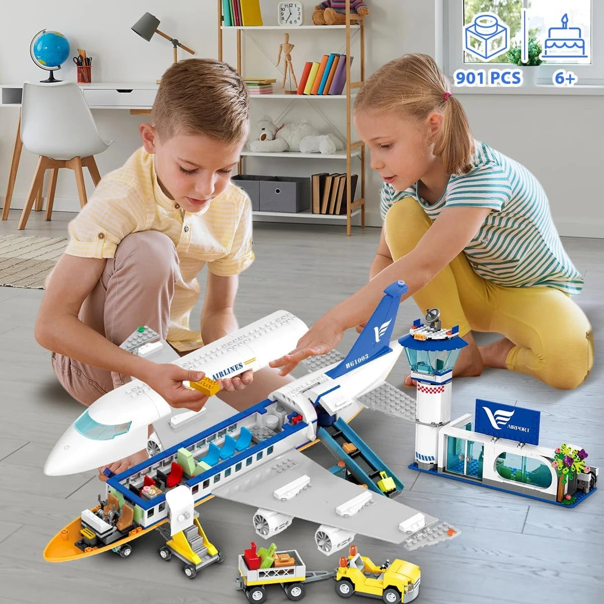 HOGOKIDS Airplane Building Set with LED, Plane Building Blocks with Airport Terminal Luggage Trailer Toys Gifts for Kids Age 6+ - NTKSTORE