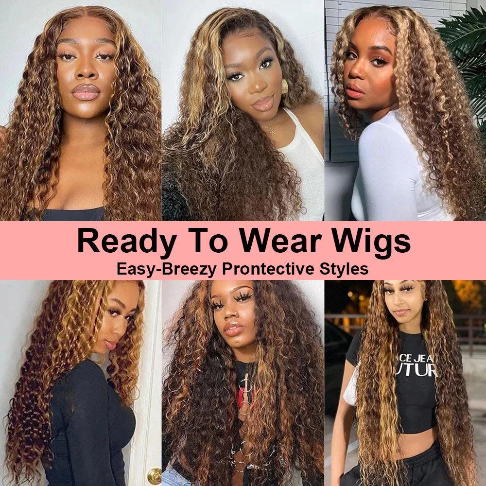 4/27 Ombre Colored Glueless Wig 13x4 Curly Human Hair Wigs Highlight Brazilian Remy Deep Wave Ready To Wear 7x5 Lace Closure Wig - NTKSTORE