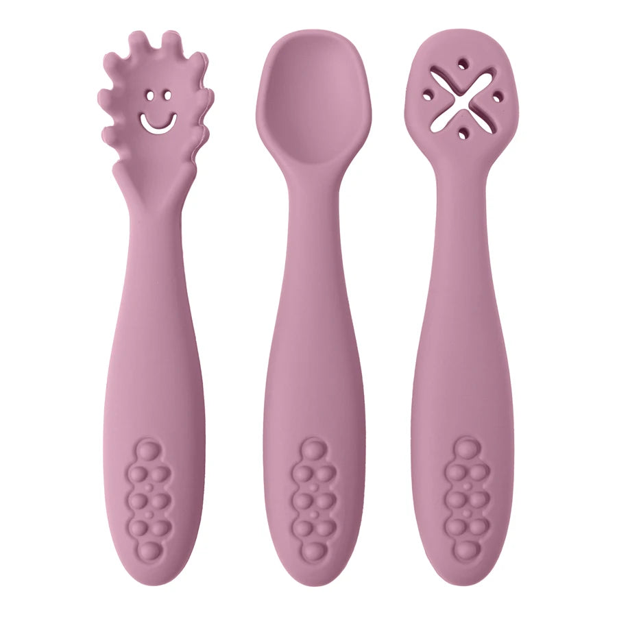 3PCS Kawaii Baby Learning Spoons Utensils Set Toddler Feeding Tableware Baby Silicone Teether Toys Training Cutlery Baby Stuff - NTKSTORE