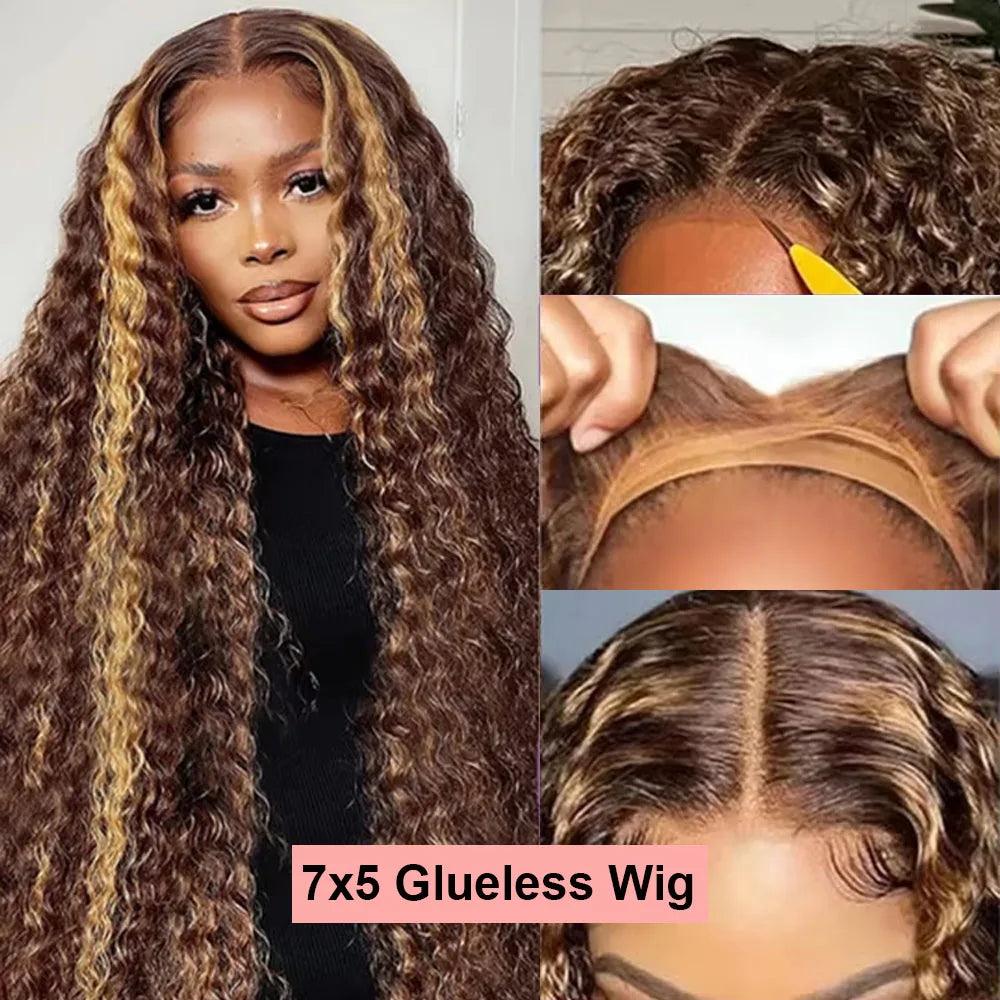 4/27 Ombre Colored Glueless Wig 13x4 Curly Human Hair Wigs Highlight Brazilian Remy Deep Wave Ready To Wear 7x5 Lace Closure Wig - NTKSTORE