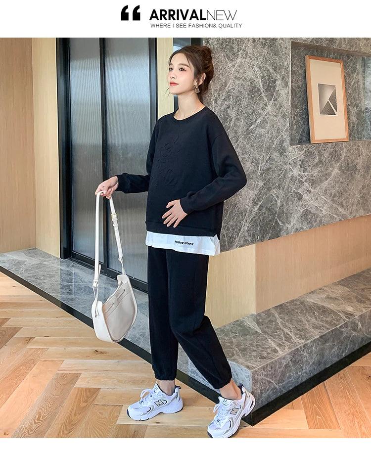 209 Spring Autumn Sports Casual Cotton Maternity Clothing Sets Sweatshirt Belly Pants Suits Clothes for Pregnant Women Pregnancy - NTKSTORE