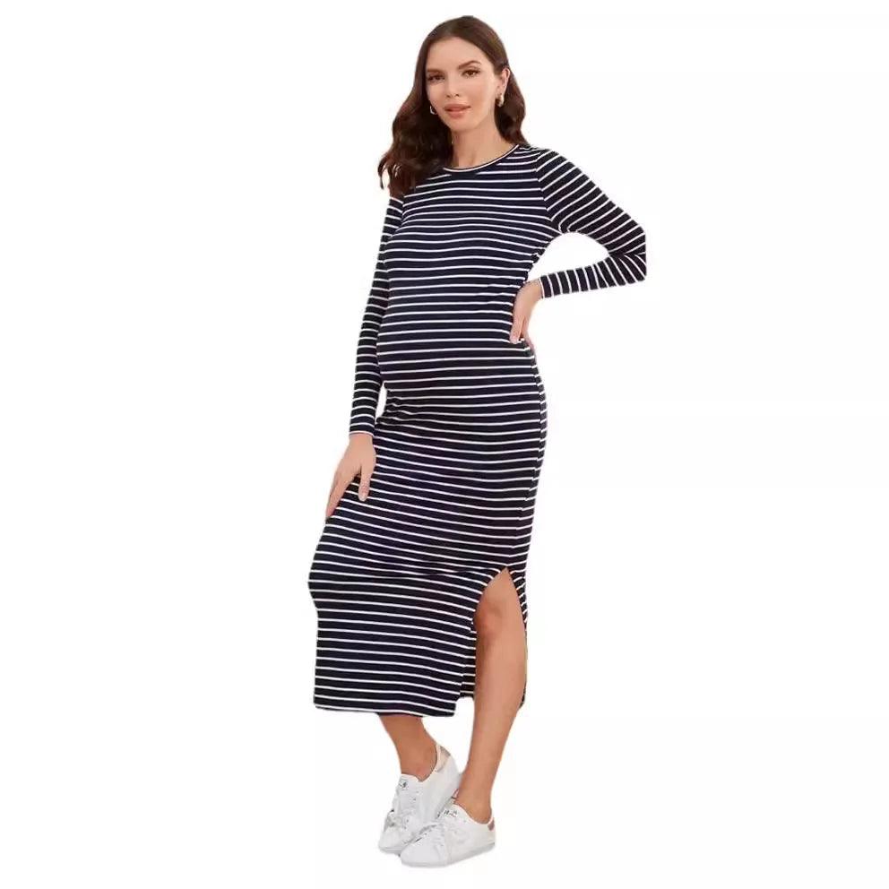 Women's Long-Sleeved Striped Round-Neck Maternity Dress, Sexy One-step Skirt, Casual Wear, Versatile, Spring, Summer - NTKSTORE