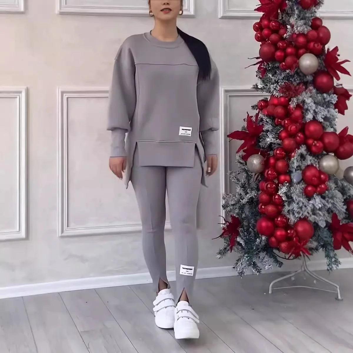 2pcs Women Sport Suit Hoodie Sweatshirt Winter Loose Irregular Top + Leggings Pant Casual Jogger Outfit Sports Two-piece Set - NTKSTORE