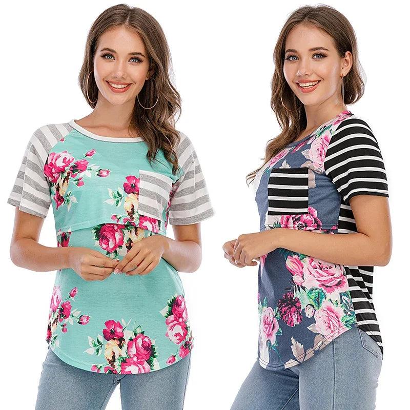 New Casual Womens Pregnant Maternity Clothes Nursing Tops Breastfeeding T-Shirt Pregnancy Striped Short Sleeve Shirt - NTKSTORE