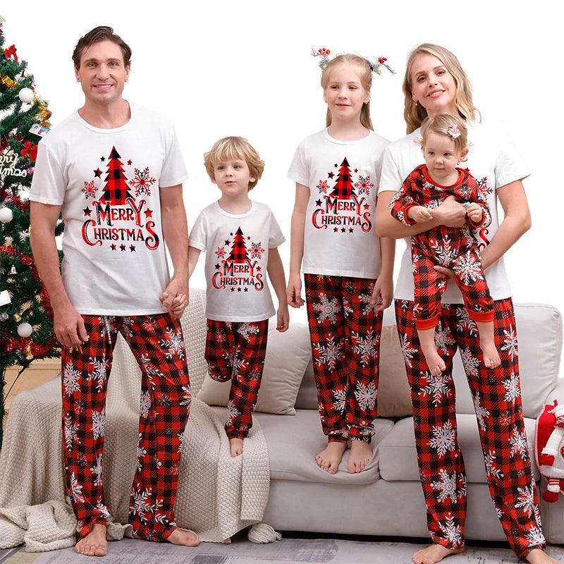 T-shirt + Plaid Pants Parent Child Christmas Pajama Set Women Men Boy Girl Loungewear Sibling Couple Pajama Xmas Baby Jumpsuit - NTKSTORE