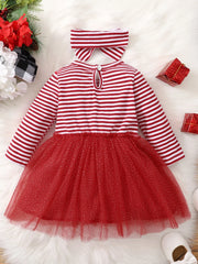 Baby Girl Autumn/winter Red Striped Christmas Deer Mesh Long Sleeved Dress - NTKSTORE