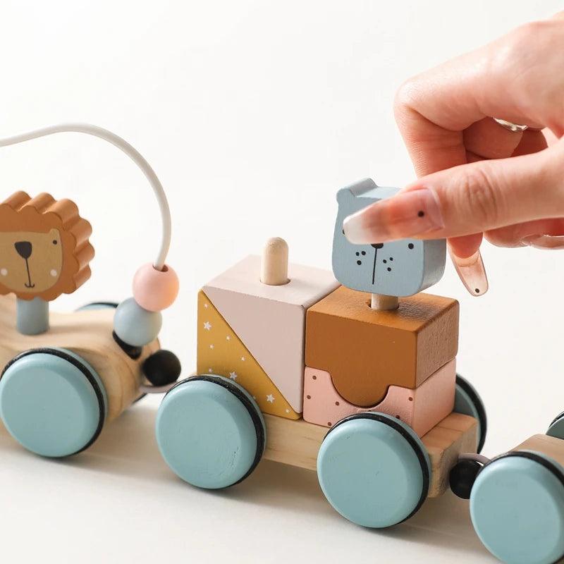 Baby Wooden Trailer Car Toys Rainbow Stacking Balance Blocks Animal Traction Car Star Moon Slider Beads For Kids Montessori Toys - NTKSTORE