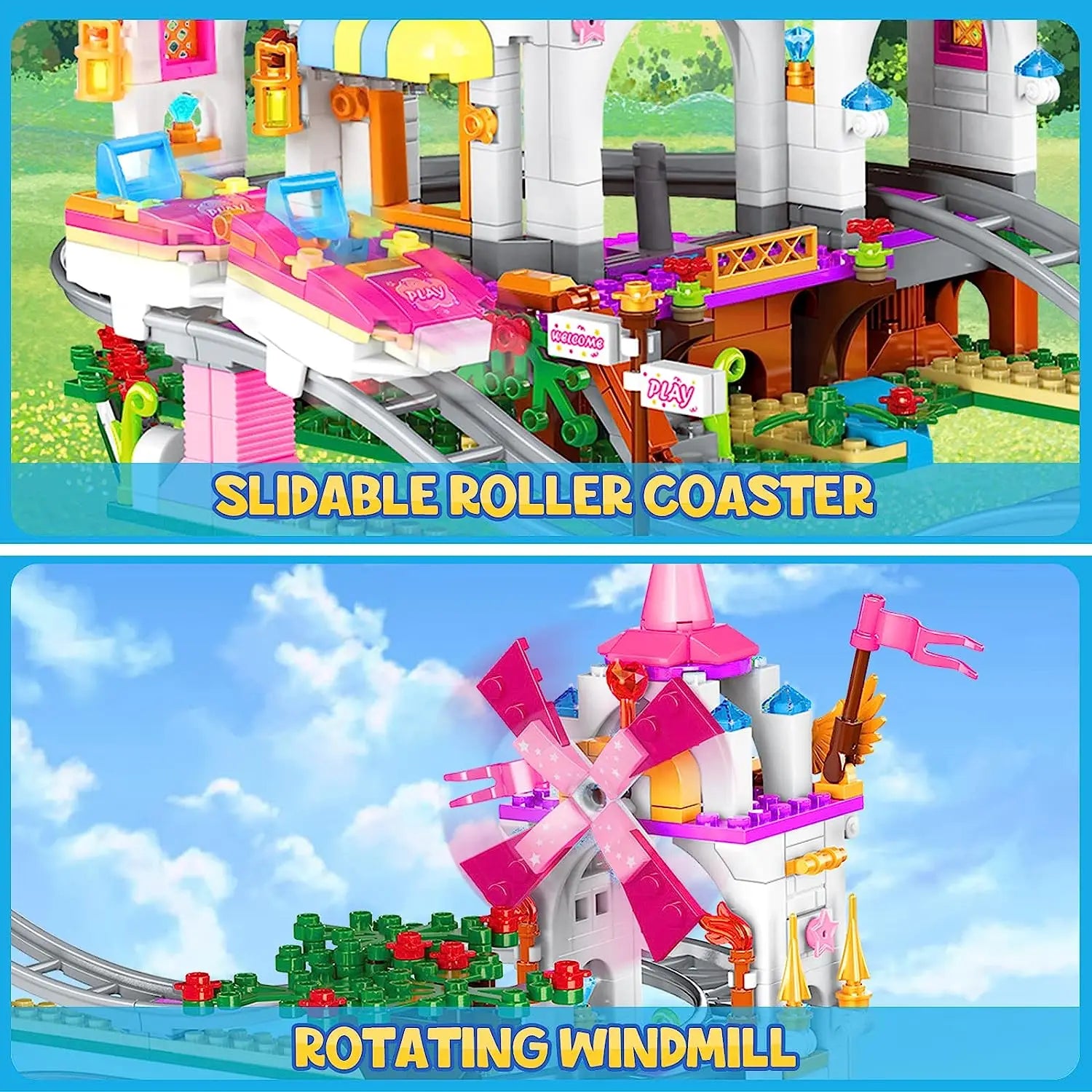 Roller Coaster Building Kit 711Pcs Amusement Park Building Block Kit Princess Playground Park Pink Toy Christmas Gift for Girls - NTKSTORE