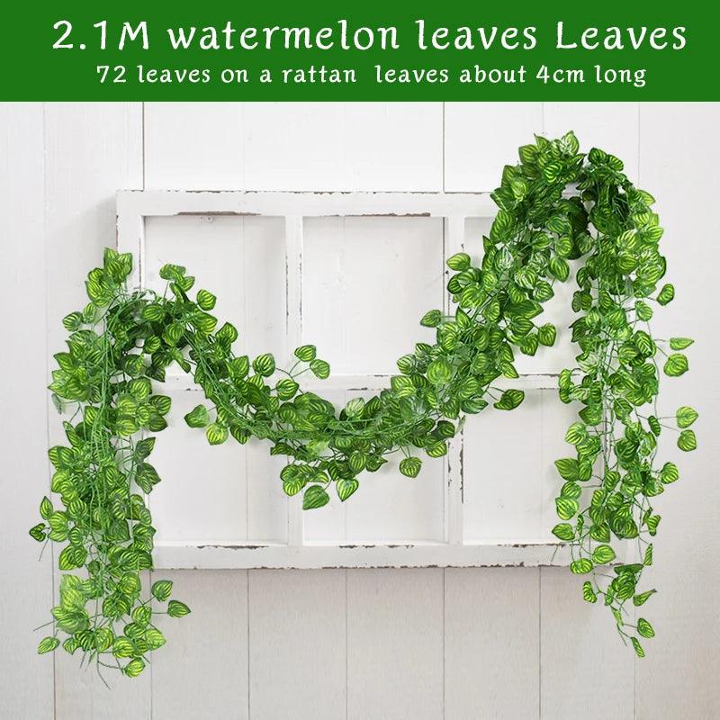 2.1M Artificial Plant Green Ivy Leaf Garland Silk Wall Hanging Vine Home Garden Decoration Wedding Party DIY Fake Wreath Leaves - NTKSTORE