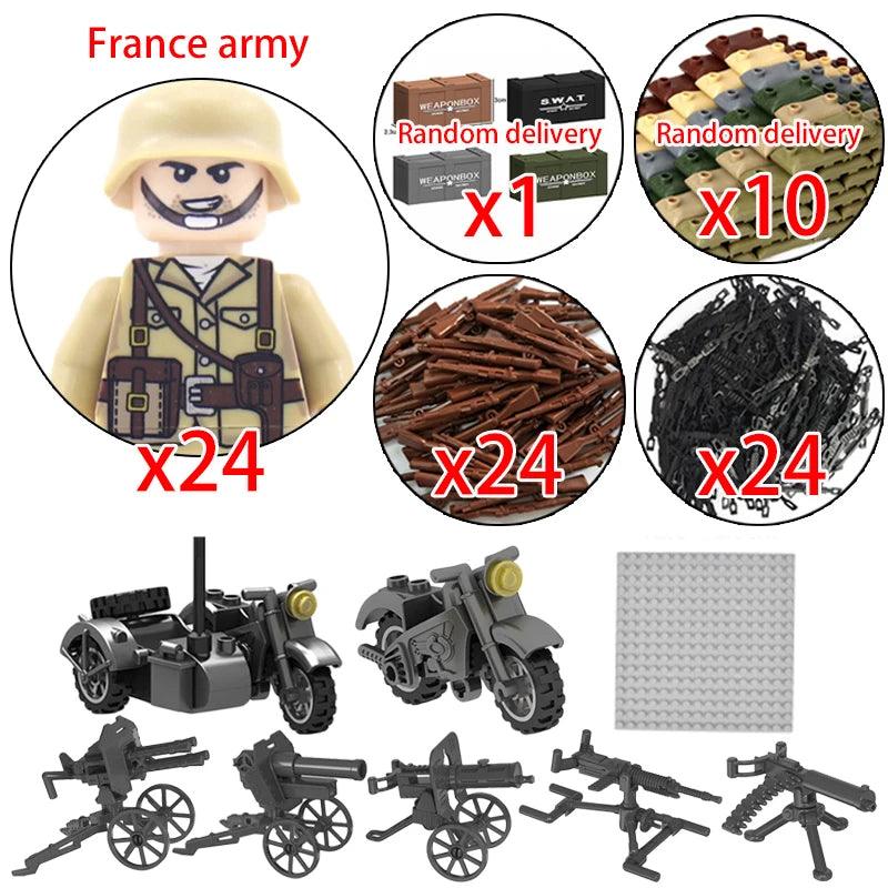 Children Toys Mini Military Figures Building Blocks WW2 UK French US Germany Soviet Army Soldiers Machine Gun Set Bricks Model - NTKSTORE