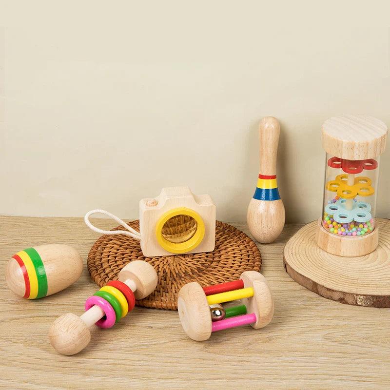 6pcs/set Wooden Musical Instruments Toys, Small Rattle, Sand Hammer, Sand Ball, Shake Bell Kaleidoscope, Griping Practice Toys - NTKSTORE