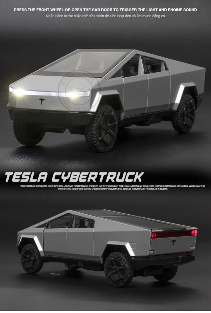 1:32 Tesla Cybertruck Pickup Alloy Car Model Diecast Toy Vehicle Sound And Light Simitation For Children Christmas Gift Boy Toys