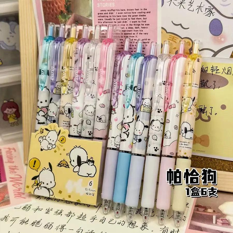 6Pcs Sanrio Gel Pen Hello Kitty Cartoon Kuromi ST Quick Drying Black 0.5mm Press The Ballpoint Pen Learning Stationery Gifts - NTKSTORE