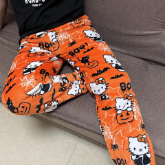 Sanrio Hello Kitty Flannel Pajamas Black Women'S Warm Woolen Cartoon Casual Home Pants In Autumn Winter Fashion Trousers