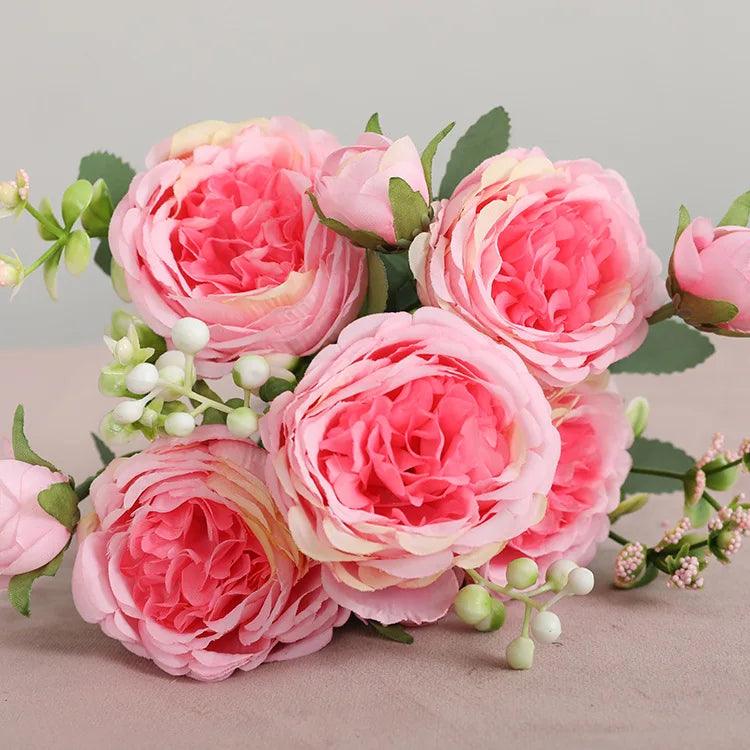 Hot Selling 1pcs/30cm Rose Pink Silk Bouquet Peony Artificial Flower 5 Big Head 4 Small Bud Bride Wedding Home Decoration Artifi - NTKSTORE