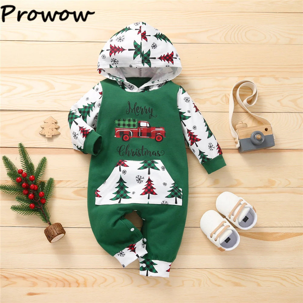 Prowow My First Christmas Baby Romper Green Xmas Tree Bodysuit For Infants Newborns 2024 New Year Baby Costume