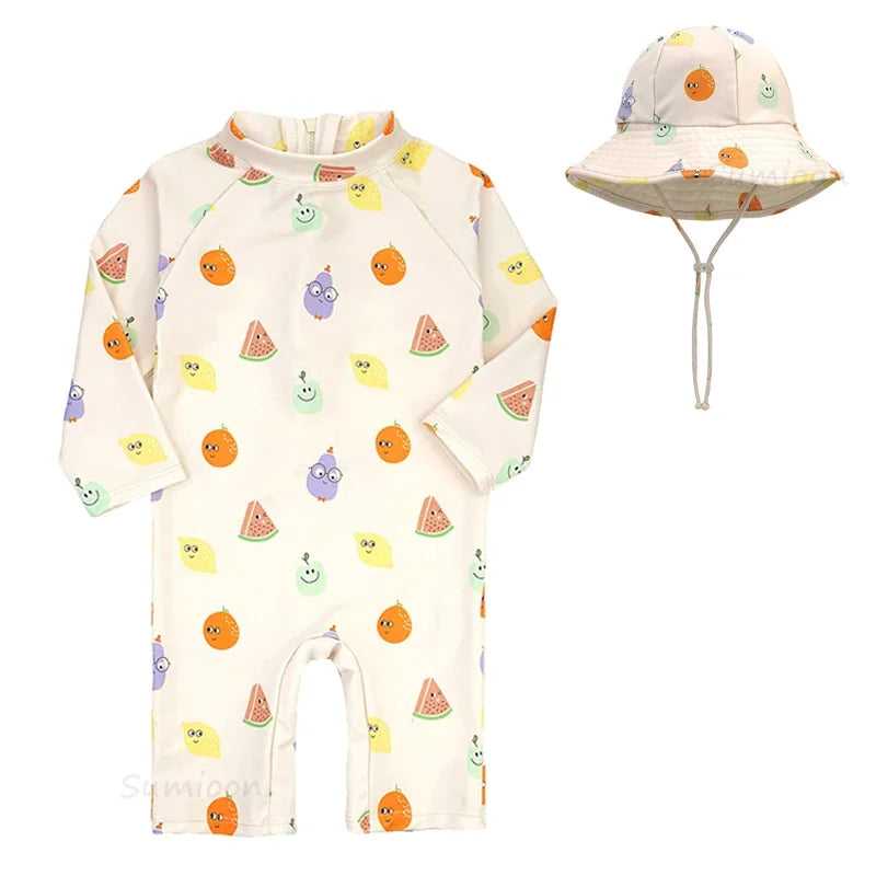 Baby Girls Swimsuit Long Sleeves One Piece Swimwear for Kids Toddler Cartoon UPF50+ Rash Guards Infant Bathing Suit Korea Sets