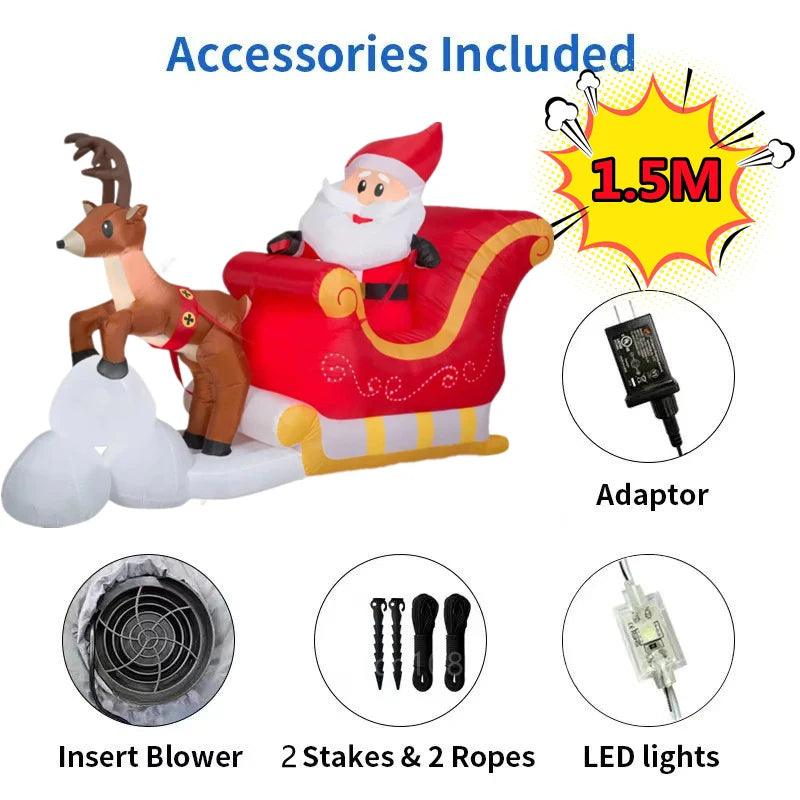 Christmas Inflatables 1.5M Santa Claus Riding Sled Reindeer Built-in LED Indoor Outdoor Fun Decoration Yard Garden Holiday Party - NTKSTORE