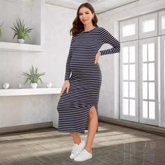 Women's Long-Sleeved Striped Round-Neck Maternity Dress, Sexy One-step Skirt, Casual Wear, Versatile, Spring, Summer - NTKSTORE