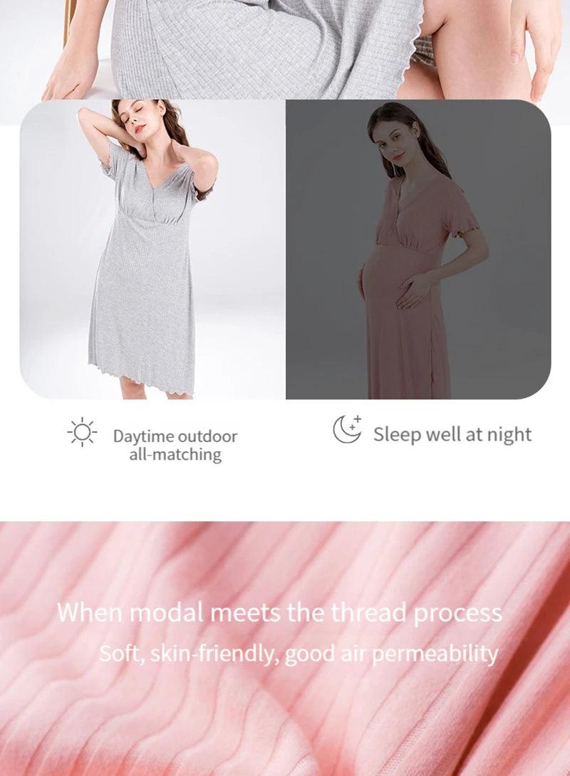 Modal Maternity Clothes Breastfeeding Nightgowns Nursing Sleepwear Hospital Loose Fitting Breast Feeding Pajamas Pregnancy Dress - NTKSTORE