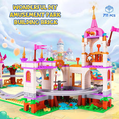 Roller Coaster Building Kit 711Pcs Amusement Park Building Block Kit Princess Playground Park Pink Toy Christmas Gift for Girls - NTKSTORE