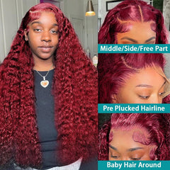 250 Density 30 40 Inch 99J Burgundy Deep Wave 13x4 Lace Front Human Hair Wig 13x6 Lace Frontal Red Curly Wigs Remy For Women - NTKSTORE