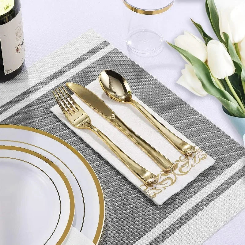 700 Count Gold Dinnerware Set- Disposable Gold Dinnerware Set for Halloween, Christmas, Thanksgiving tableware set - NTKSTORE