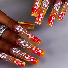 24 Pcs Flower Press on Nails Gradient Orange False Nails with Glue Autumn and Winter Extra Long Artificial French Cheap Nails