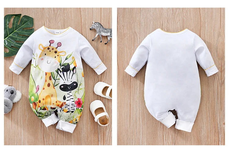 Spring And Autumn Newborn Boys And Girls Cute Cartoon Animal Print Comfortable Long Sleeved Baby Bodysuit