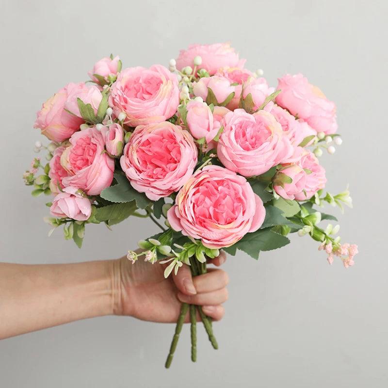 Hot Selling 1pcs/30cm Rose Pink Silk Bouquet Peony Artificial Flower 5 Big Head 4 Small Bud Bride Wedding Home Decoration Artifi - NTKSTORE