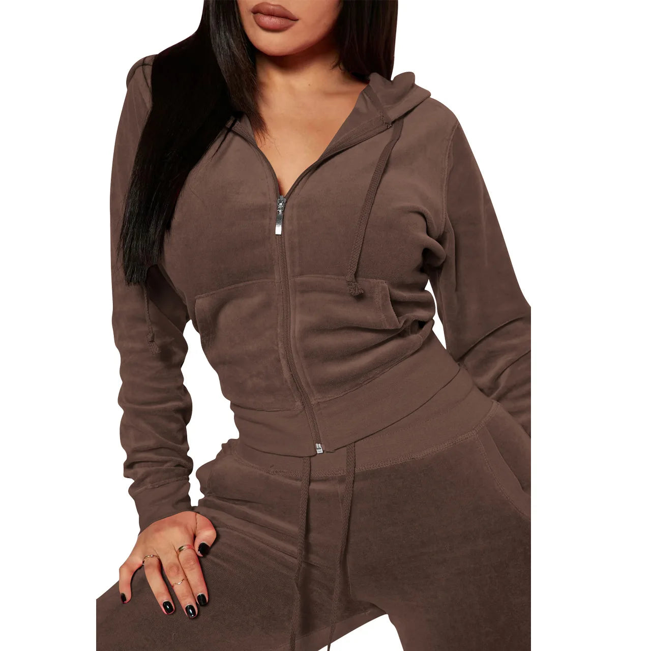 Womens Warm 2 Piece Outfits Velour Tracksuits Full Zip Hoodie And Drawstring Sweatpants Sweatsuits Sets Velvet Jogging Suit - NTKSTORE