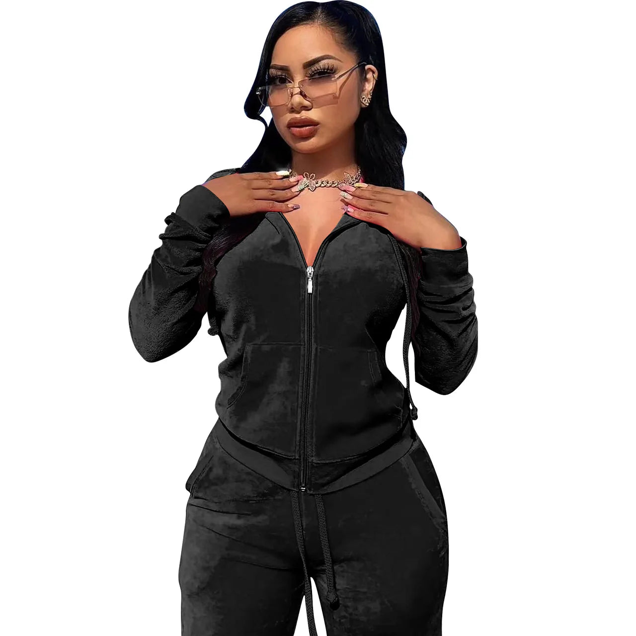 Womens Warm 2 Piece Outfits Velour Tracksuits Full Zip Hoodie And Drawstring Sweatpants Sweatsuits Sets Velvet Jogging Suit - NTKSTORE