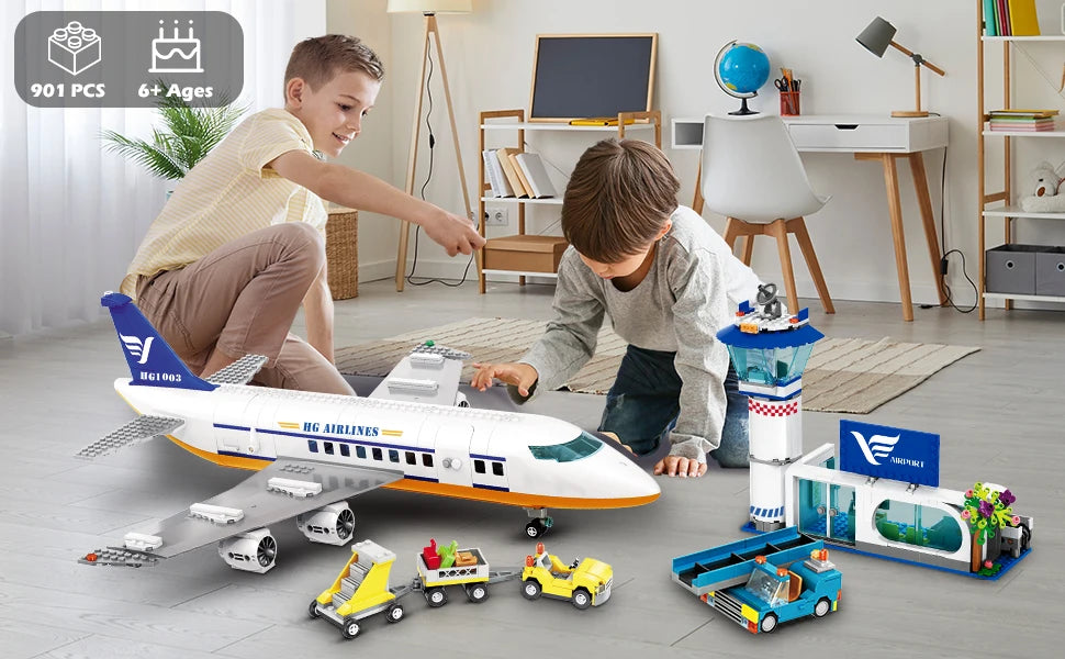 HOGOKIDS Airplane Building Set with LED, Plane Building Blocks with Airport Terminal Luggage Trailer Toys Gifts for Kids Age 6+ - NTKSTORE