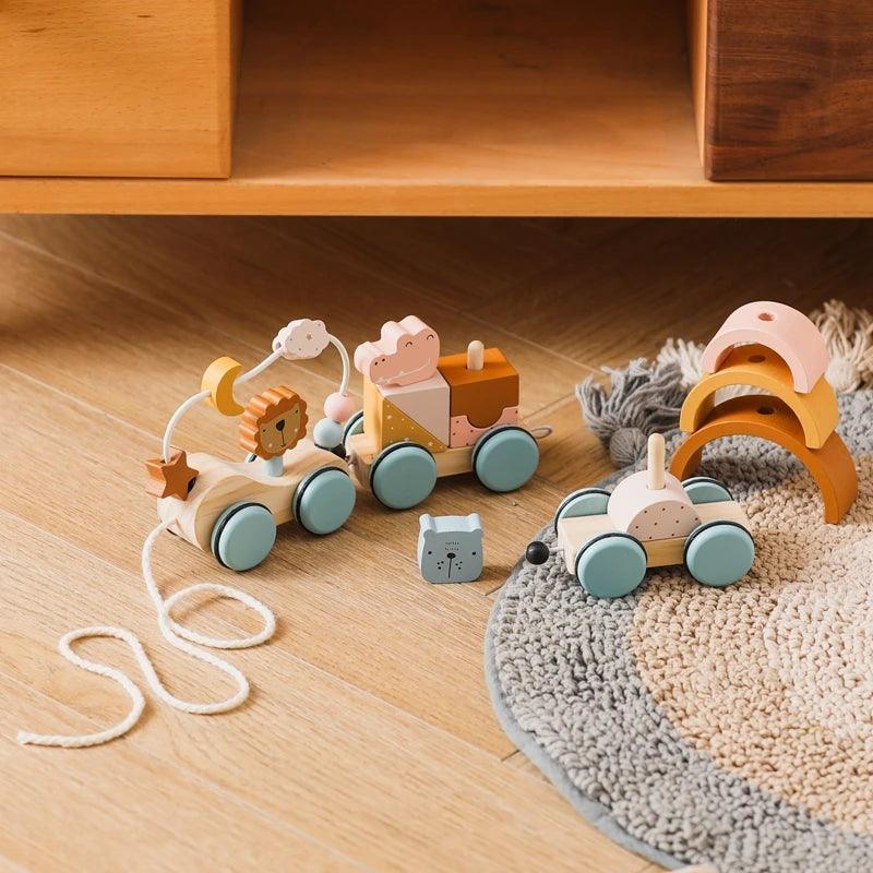 Baby Wooden Trailer Car Toys Rainbow Stacking Balance Blocks Animal Traction Car Star Moon Slider Beads For Kids Montessori Toys - NTKSTORE