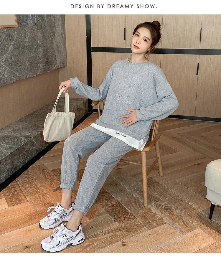 209 Spring Autumn Sports Casual Cotton Maternity Clothing Sets Sweatshirt Belly Pants Suits Clothes for Pregnant Women Pregnancy - NTKSTORE