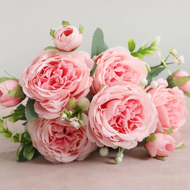 Hot Selling 1pcs/30cm Rose Pink Silk Bouquet Peony Artificial Flower 5 Big Head 4 Small Bud Bride Wedding Home Decoration Artifi - NTKSTORE