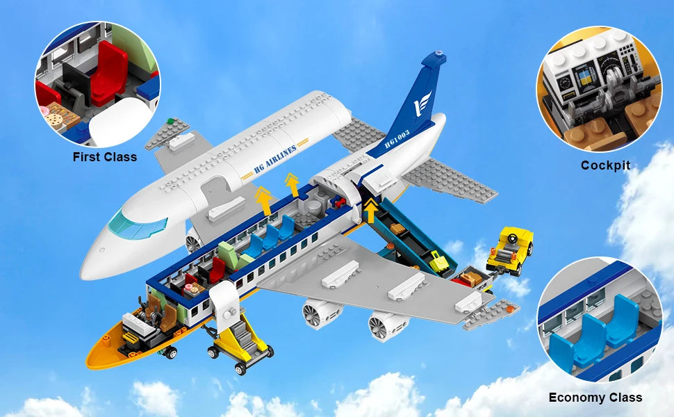 HOGOKIDS Airplane Building Set with LED, Plane Building Blocks with Airport Terminal Luggage Trailer Toys Gifts for Kids Age 6+ - NTKSTORE