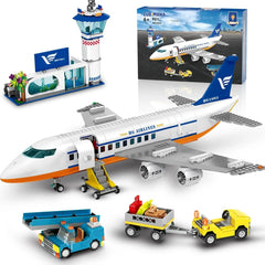 HOGOKIDS Airplane Building Set with LED, Plane Building Blocks with Airport Terminal Luggage Trailer Toys Gifts for Kids Age 6+ - NTKSTORE