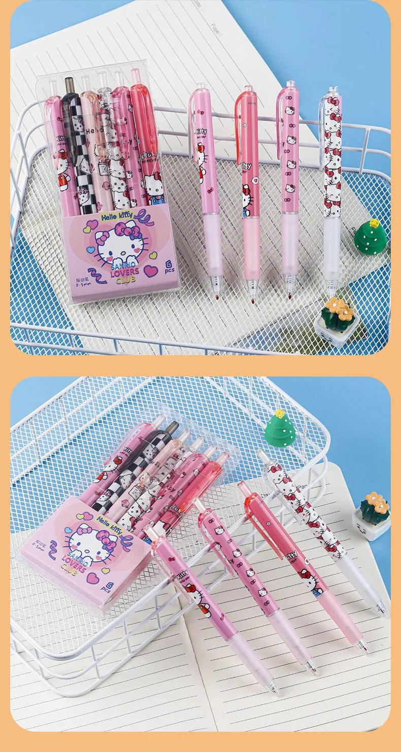 6Pcs Sanrio Gel Pen Hello Kitty Cartoon Kuromi ST Quick Drying Black 0.5mm Press The Ballpoint Pen Learning Stationery Gifts - NTKSTORE