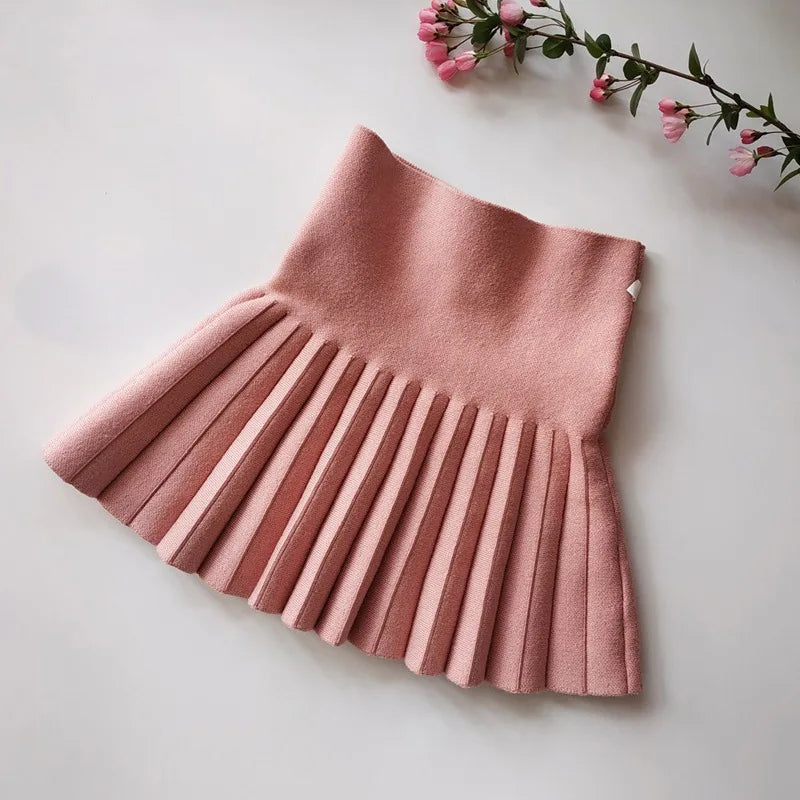 Fashion Parent-Child Short Skirt 2024 Autumn Winter Solid Color Girls Knitting Pleated Skirt Kids Elastic High Waist Mini Skirt - NTKSTORE