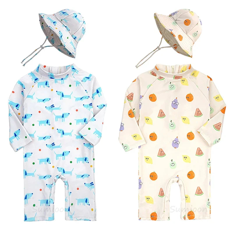 Baby Girls Swimsuit Long Sleeves One Piece Swimwear for Kids Toddler Cartoon UPF50+ Rash Guards Infant Bathing Suit Korea Sets