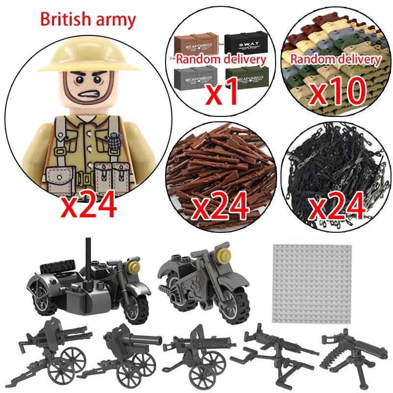 Children Toys Mini Military Figures Building Blocks WW2 UK French US Germany Soviet Army Soldiers Machine Gun Set Bricks Model - NTKSTORE