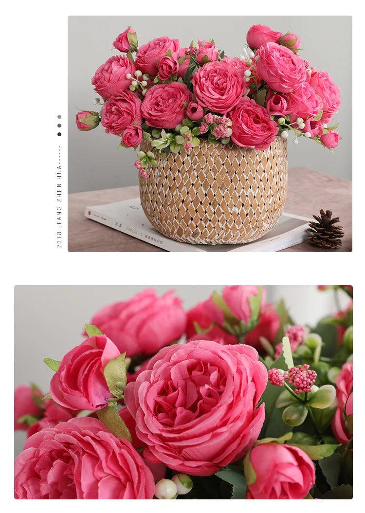 Hot Selling 1pcs/30cm Rose Pink Silk Bouquet Peony Artificial Flower 5 Big Head 4 Small Bud Bride Wedding Home Decoration Artifi - NTKSTORE