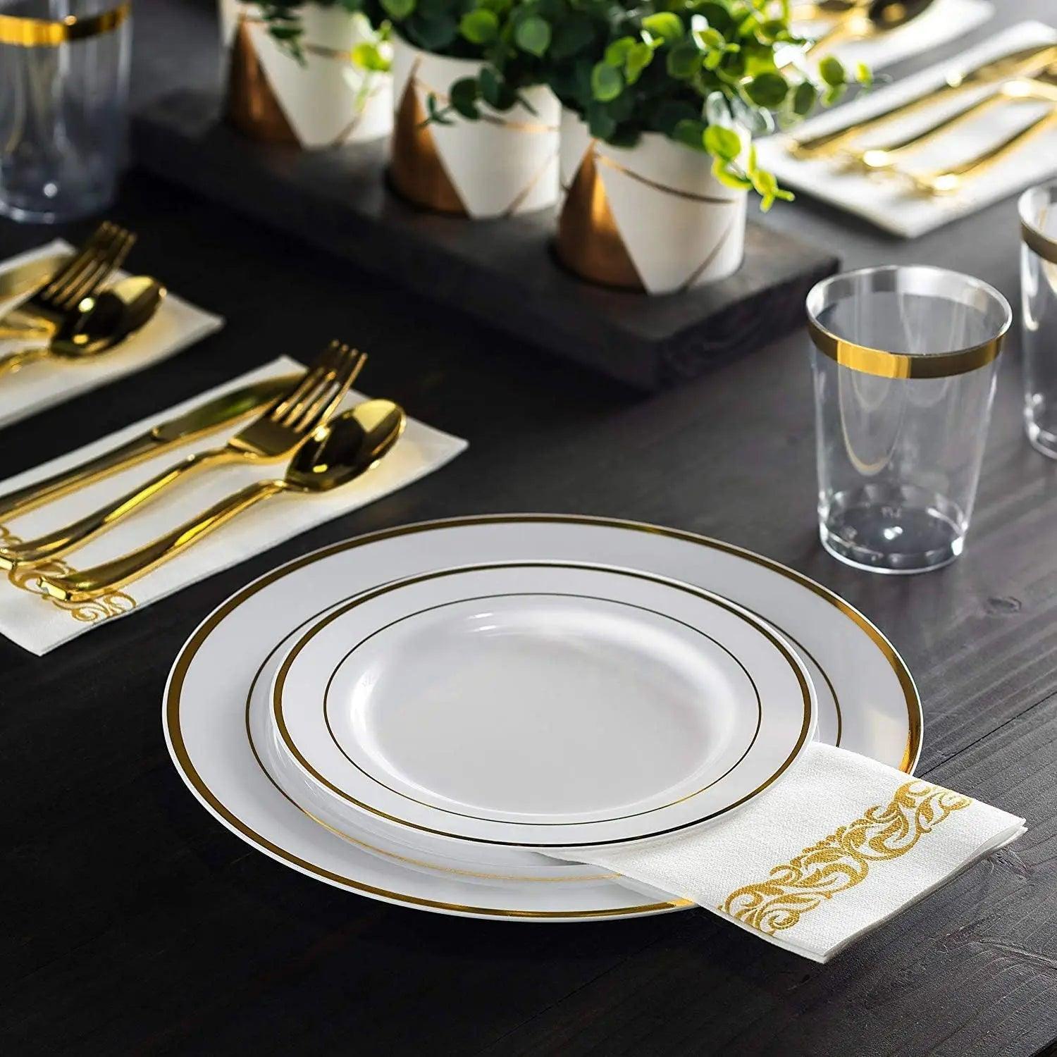 600 Piece Gold Plastic Dinnerware Set,Disposable-100 Rim 10 inch and 7 Inch Plates,300 Gold Silverware,100 Cups For 100 Guests - NTKSTORE