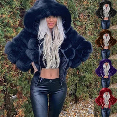 Autumn Winter Women Fashion Long Sleeve Solid Color Faux Fur Coat Hooded Warm Coat - NTKSTORE