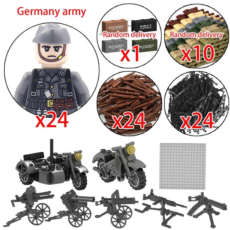 Children Toys Mini Military Figures Building Blocks WW2 UK French US Germany Soviet Army Soldiers Machine Gun Set Bricks Model - NTKSTORE