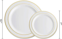 600 Piece Gold Plastic Dinnerware Set,Disposable-100 Rim 10 inch and 7 Inch Plates,300 Gold Silverware,100 Cups For 100 Guests - NTKSTORE