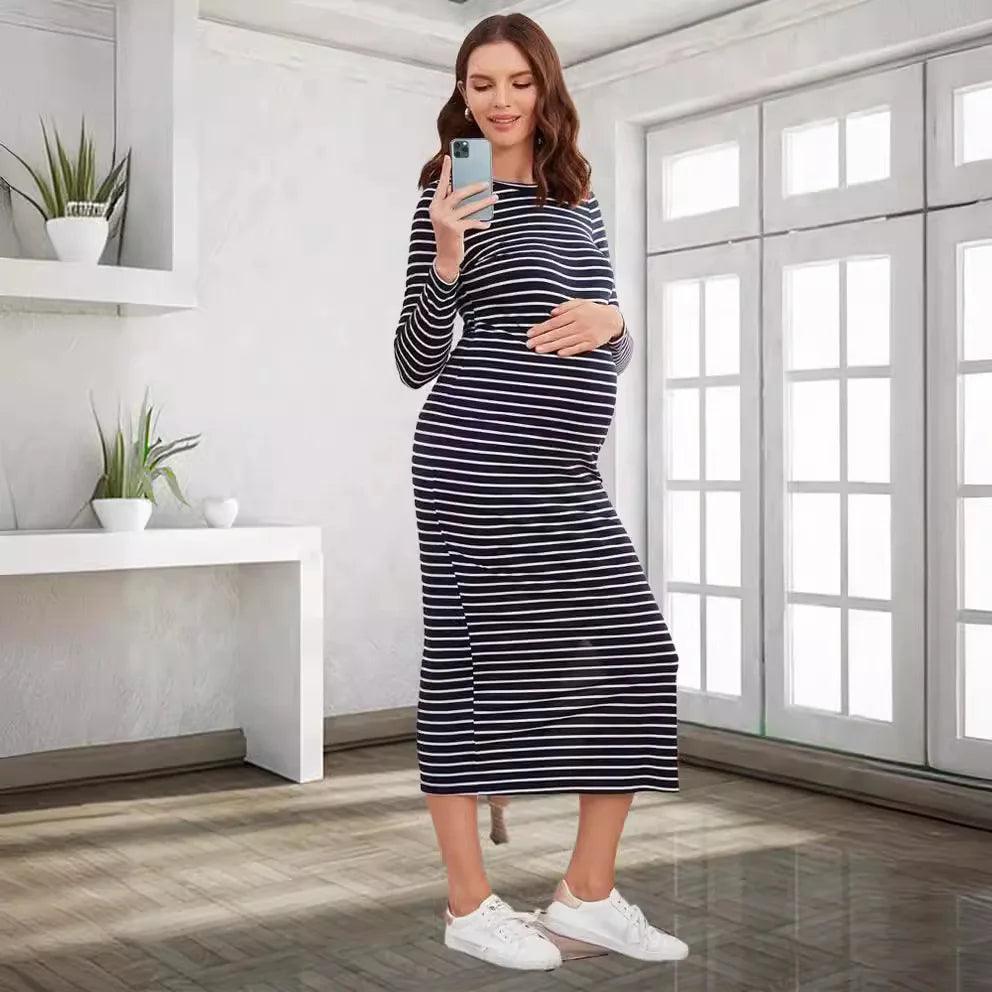 Women's Long-Sleeved Striped Round-Neck Maternity Dress, Sexy One-step Skirt, Casual Wear, Versatile, Spring, Summer - NTKSTORE