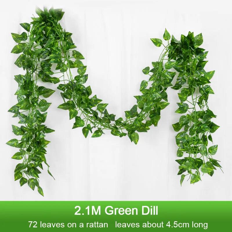 2.1M Artificial Plant Green Ivy Leaf Garland Silk Wall Hanging Vine Home Garden Decoration Wedding Party DIY Fake Wreath Leaves - NTKSTORE